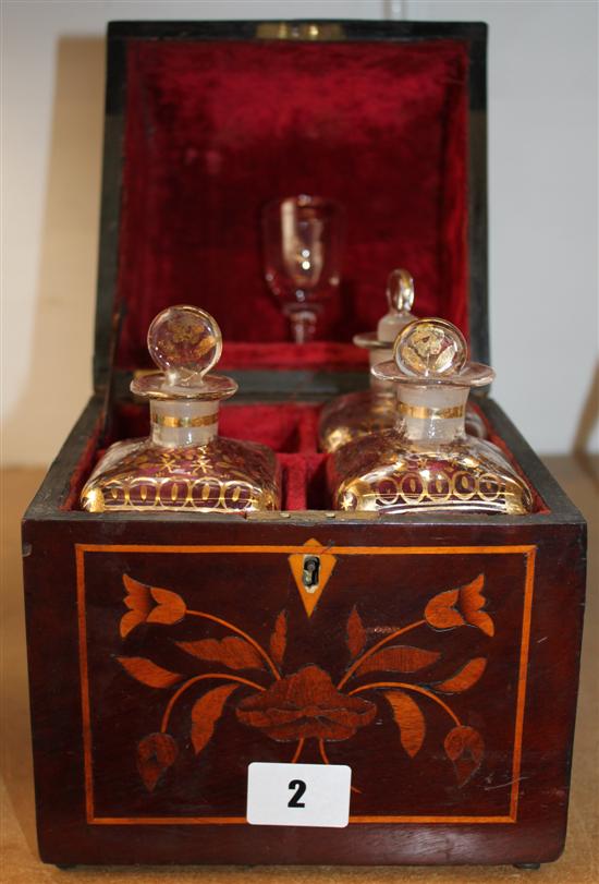 Marquetry box with 3 decanters (one missing)
